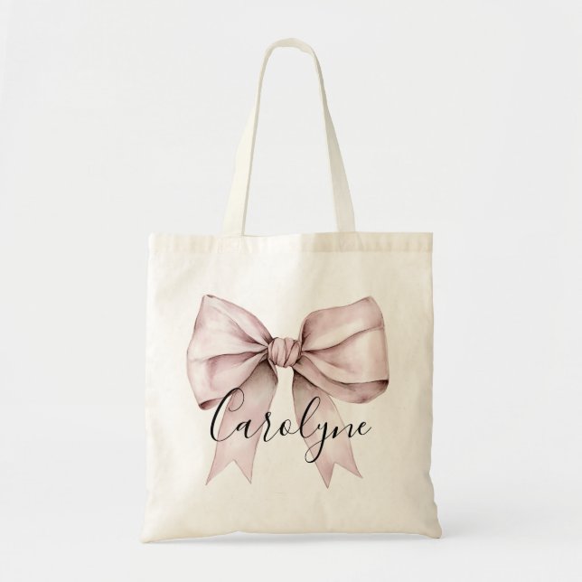 Pink bow coquette Personalized Name bridesmaid  Tote Bag (Front)