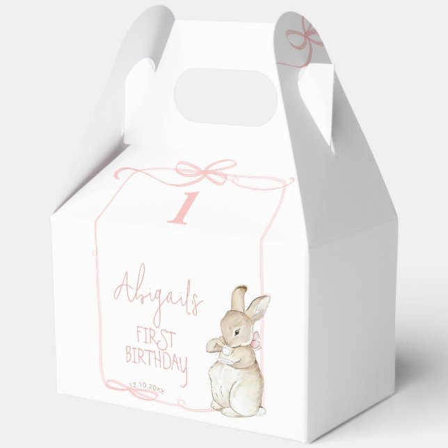 Pink Bow Coquette Peter the Rabbit 1st Birthday Favor Boxes (Front)