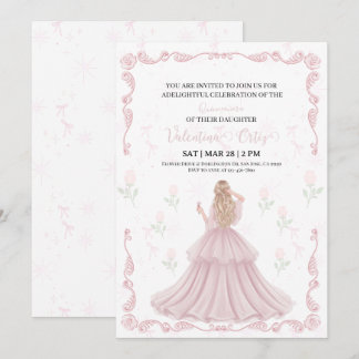 Pink Bow coquette Princess floral Quinceanera  Invitation