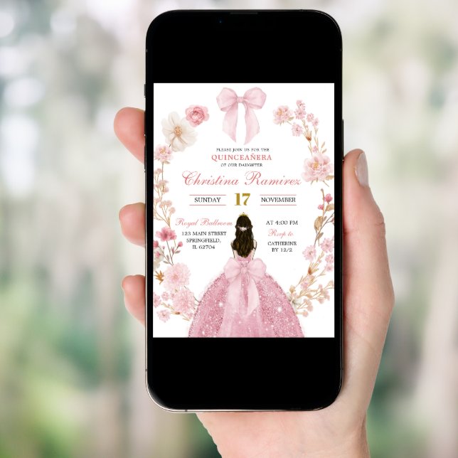 Pink Bow coquette Princess floral Quinceanera Invitation (Front Digital)