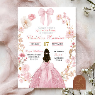 Pink Bow coquette Princess floral Quinceanera Invitation
