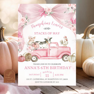 Pink Bow Coquette Pumpkin Farm Animals birthday Invitation