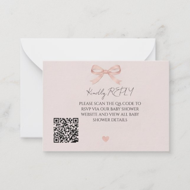 Pink Bow Coquette QR Code RSVP Note Card (Front)
