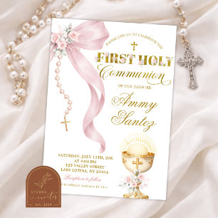 Pink Bow Coquette Rosary first holy communion Invitation