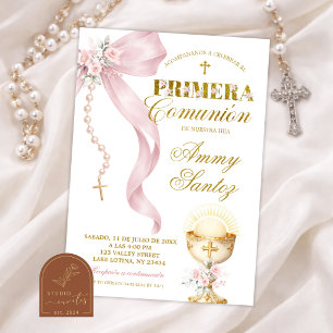 Pink Bow Coquette Rosary Primera comunion Invitation