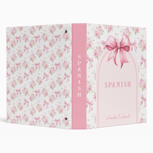 Pink Bow Coquette Rose School Subject 3 Ring Binder