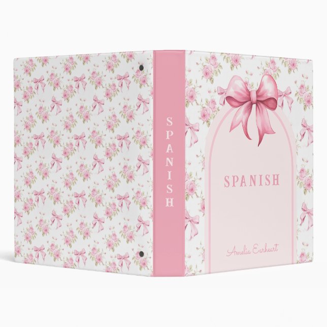 Pink Bow Coquette Rose School Subject 3 Ring Binder (Background)