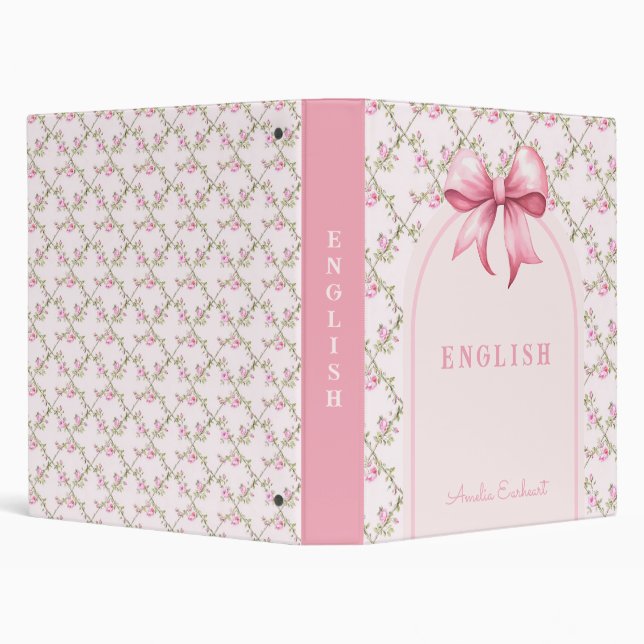 Pink Bow Coquette Rose Trellis School Subject 3 Ring Binder (Background)