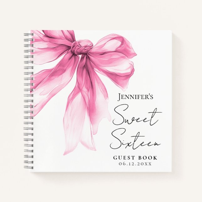 Pink Bow Coquette Script Sweet 16 Guest Book  (Front)