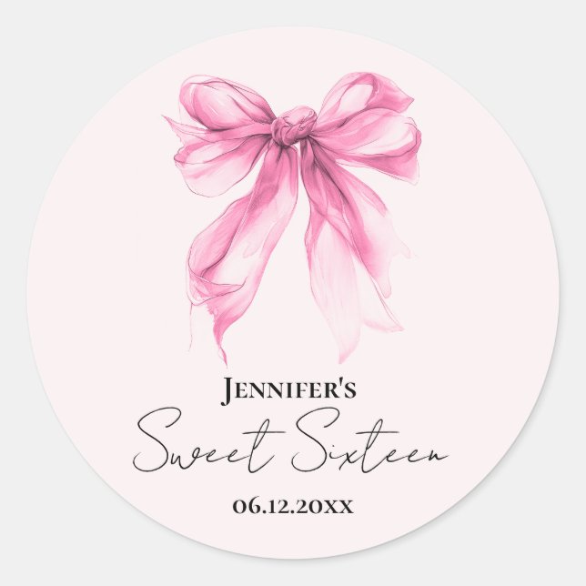 Pink Bow Coquette Script Sweet 16 Party Blush  Classic Round Sticker (Front)