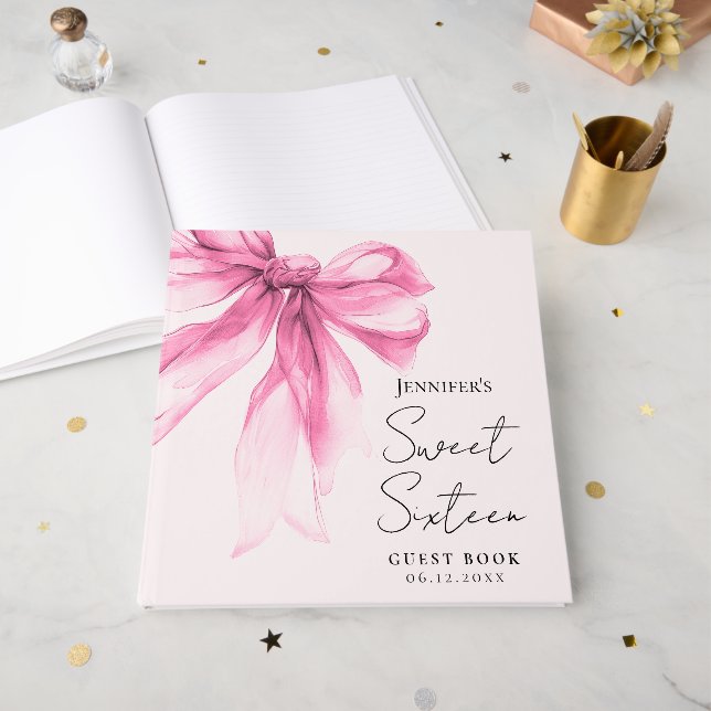 Pink Bow Coquette Script Sweet 16 Party Blush  Guest Book (Front Open)