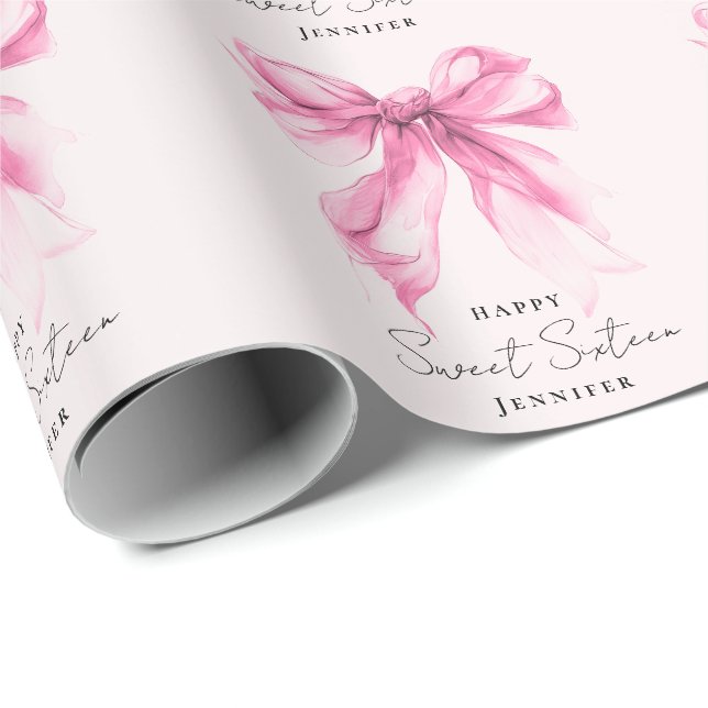 Pink Bow Coquette Script Sweet 16 Party Blush  Wrapping Paper (Roll Corner)