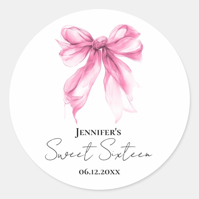 Pink Bow Coquette Script Sweet 16 Party Classic Round Sticker (Front)