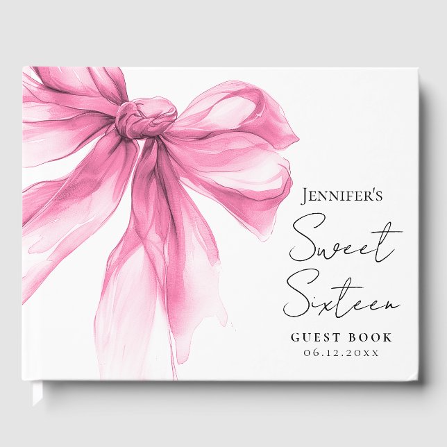 Pink Bow Coquette Script Sweet 16 Party  Guest Book (Front)