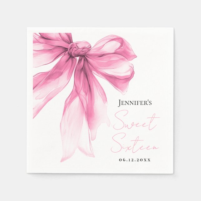 Pink Bow Coquette Script Sweet 16 Party  Napkins (Front)