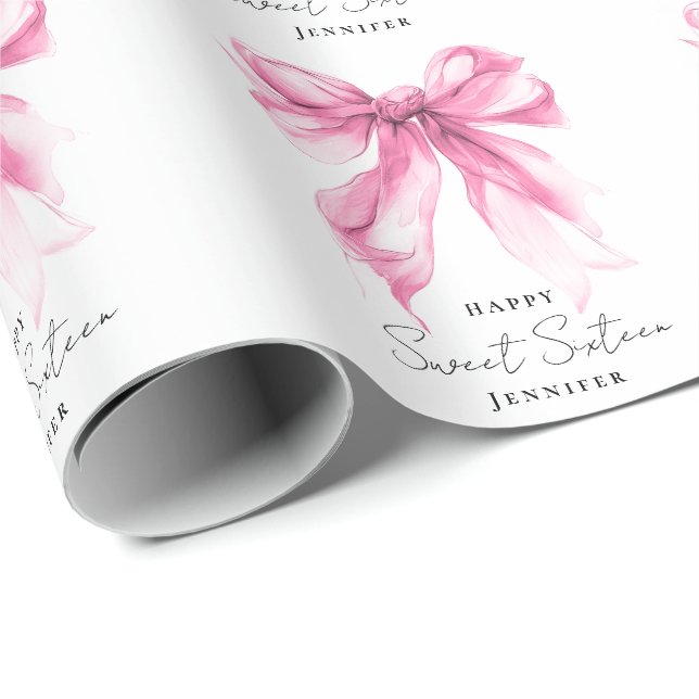 Pink Bow Coquette Script Sweet 16 Party Wrapping Paper (Roll Corner)