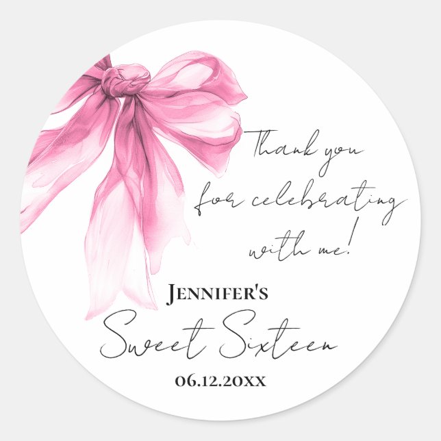 Pink Bow Coquette Script Sweet 16 Thank You Classic Round Sticker (Front)