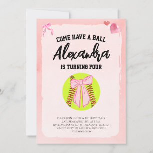Pink Bow Coquette Softball Birthday Party Invitation
