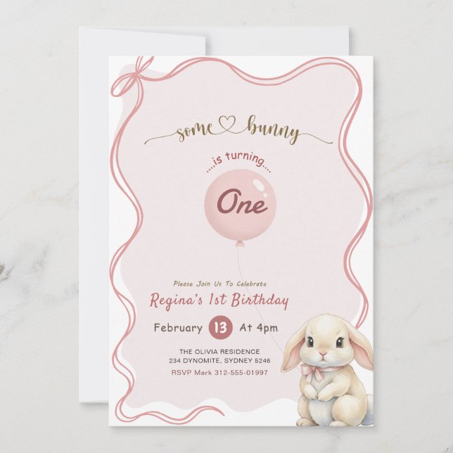 Pink Bow Coquette Some Bunny 1st Birthday Invitation (Front)