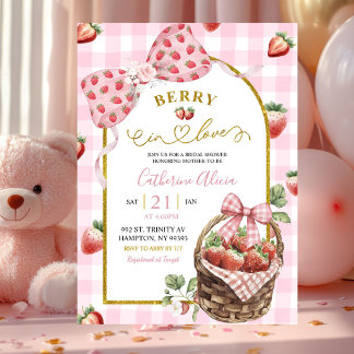 Pink Bow Coquette Strawberry Gingham Bridal Shower Invitation