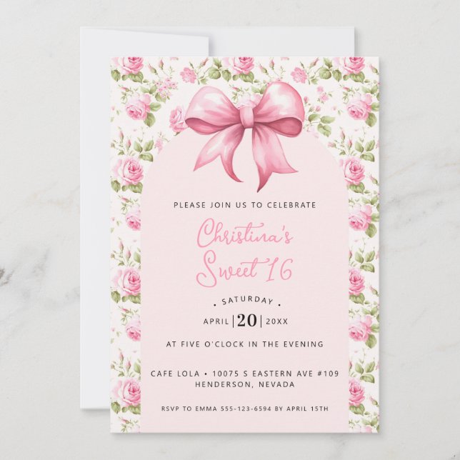 Pink Bow Coquette Sweet 16 Invitation (Front)