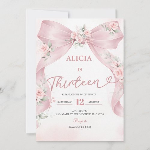 Pink Bow Coquette Teenager Birthday Invitation