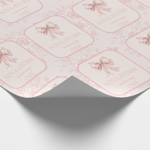 Pink Bow Coquette Toile Milestone Custom Birthday Wrapping Paper