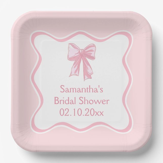 Pink Bow Coquette Tying the Knot Bridal Shower Paper Plates (Front)