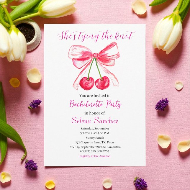 Pink Bow Coquette Watercolor Bachelorette Party Invitation (Creator Uploaded)