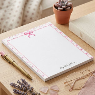 Pink Bow Coquette Watercolor Cute Custom Name Notepad