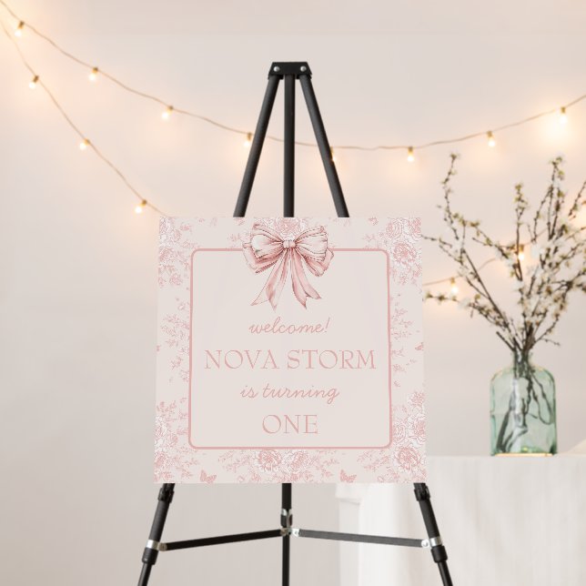 Pink Bow Coquette Whimsy Toile Custom Welcome Sign (In Situ (Stand))