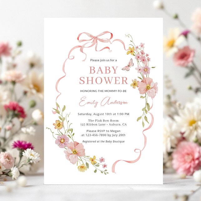 Pink Bow Coquette Wildflower Butterfly Baby Shower Invitation (Creator Uploaded)