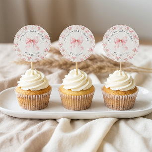 Pink Bow Cottage Floral Baby Shower Favor Topper Classic Round Sticker
