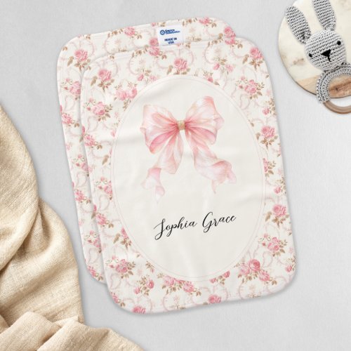 Pink Bow Cottage Floral New Baby Shower Gift Burp Cloth