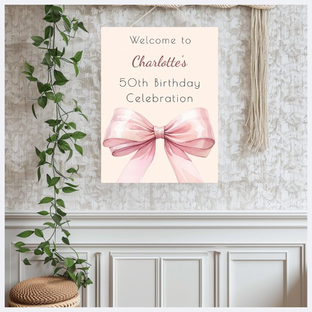 Pink bow cream beige birthday party welcome poster (Creator Uploaded)