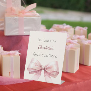 Pink bow cream beige Quinceanera welcome Pedestal Sign