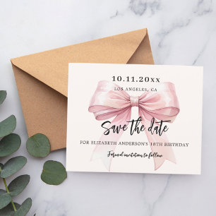 Pink bow cream birthday party Save the Date card