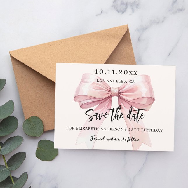 Pink bow cream birthday party Save the Date card (Creator Uploaded)