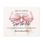 Pink bow cream birthday party Save the Date