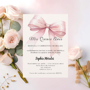 Pink bow cream elegant Quinceanera Invitation