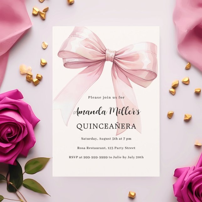 Pink bow cream elegant Quinceanera Invitation (Creator Uploaded)