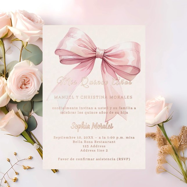 Pink bow cream elegant rose gold Quinceanera Foil Invitation (Creator Uploaded)