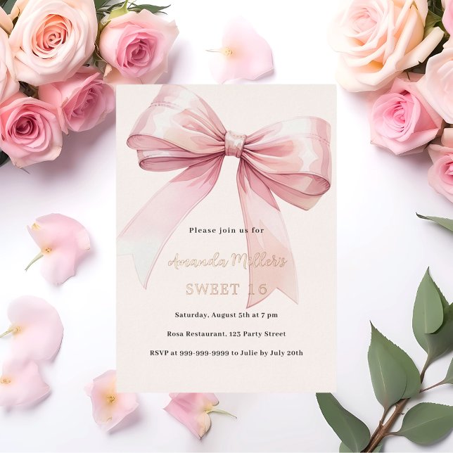 Pink bow cream elegant SWEET 16 rose gold Foil Invitation (Creator Uploaded)