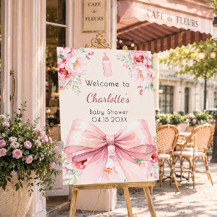 Pink bow cream florals baby shower welcome sign