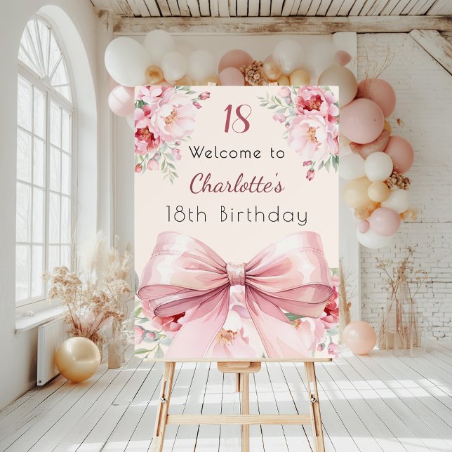 Pink bow cream florals birthday welcome sign (Creator Uploaded)