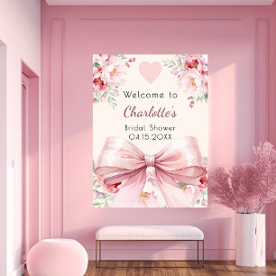 Pink bow cream florals bridal shower welcome sign