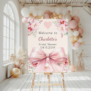Pink bow cream florals bridal shower welcome sign