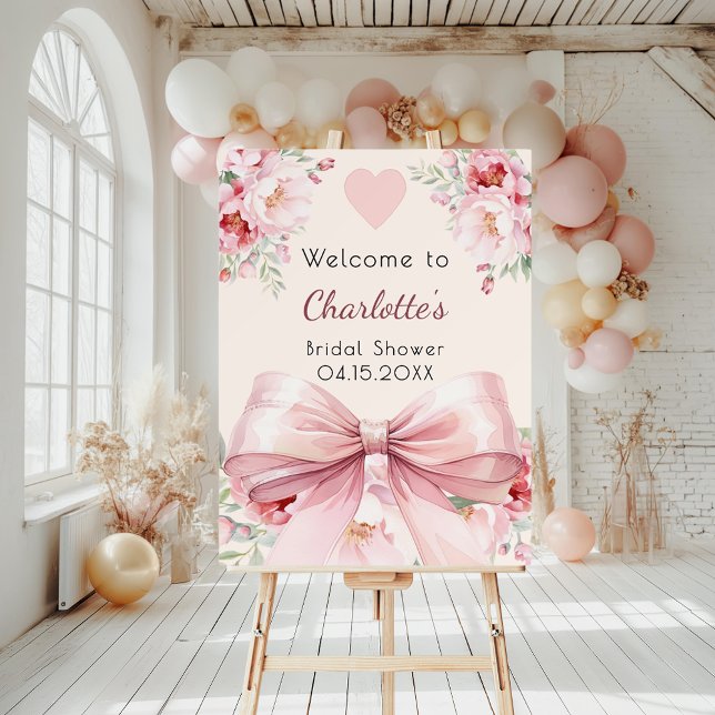 Pink bow cream florals bridal shower welcome sign (Creator Uploaded)