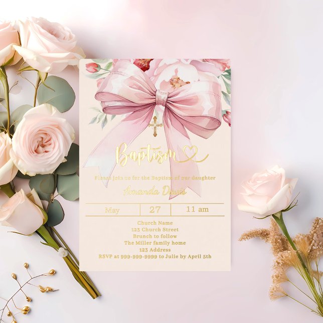 Pink bow cream florals girl Baptism gold Foil Invitation (Creator Uploaded)