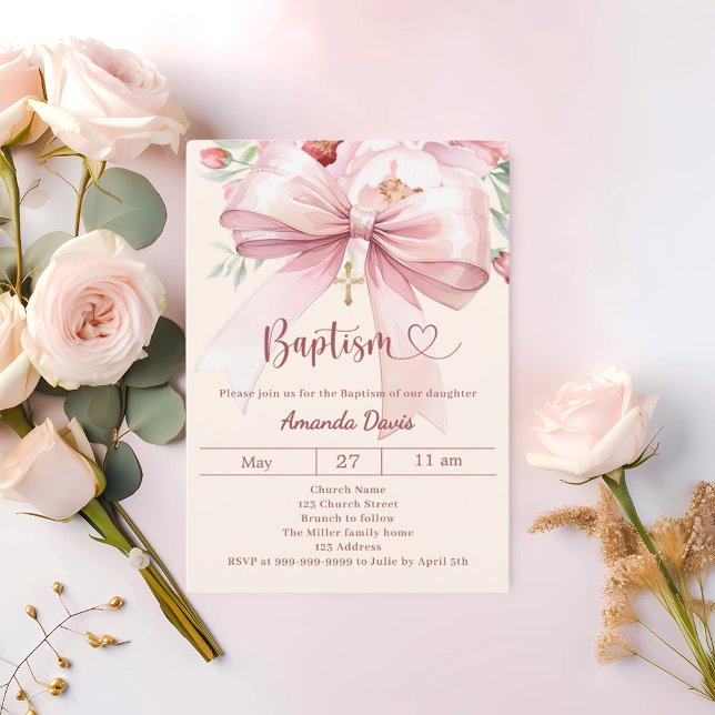 Pink bow cream florals girl Baptism Invitation (Creator Uploaded)